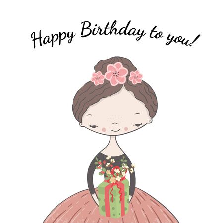 A girl with flowers in her hair holds in her hand a gift decorated with a floral arrangement with inscription Happy Birthday to you. Vector illustration greeting card, poster, print.のイラスト素材