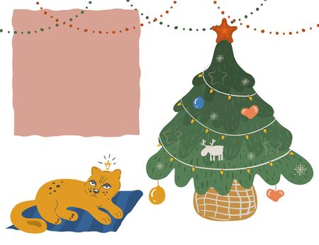 Christmas tree flat vector illustration isolated on white. A cat lies on a rug next to a green spruce decorated for the new year. Xmas celebration. Place for an inscription.のイラスト素材