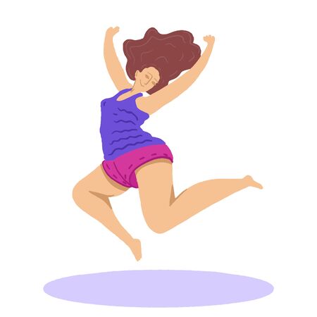 Happy smiling woman jump. Woman daily life, everyday. Freedom female, body positive. Flat modern vector isolated illustration. Fly, love concept.のイラスト素材
