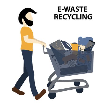 A man takes electronics waste on a trolley to a waste recycling center. Isolated on white background. Flat design style colorful illustration.のイラスト素材