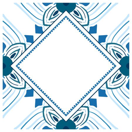 Geometric tiles square vector frame template. Vintage border pattern. Antique ceramic decor design. Mediterranean blue decor. Portuguese or spanish retro old mosaic tiles.のイラスト素材