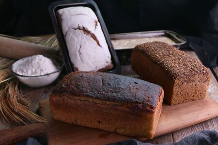 Classic bread loaf freshly baked in kitchen
