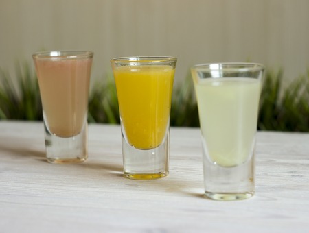 fresh citrus juices with fruits on a white background with grass