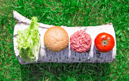 The raw ingredients for the homemade burger on country background. Top view.の写真素材