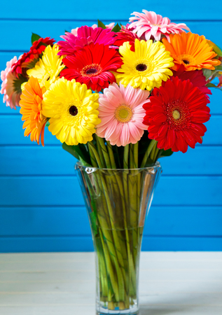 closeup of gerbera daisy bouquet in glass vase on blue wooden background. verticalの写真素材