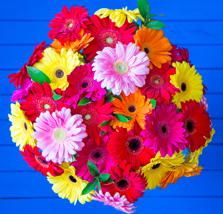 closeup of gerbera daisy bouquet in glass vase on blue wooden backgroundの写真素材