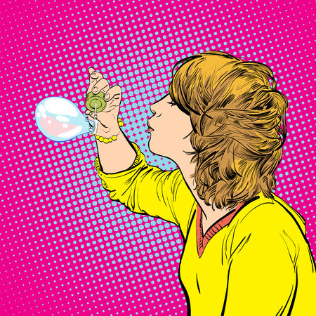 Young girl blowing soap bubblesのイラスト素材