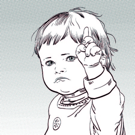 Funny cartoon baby with an angry expression on his face.の写真素材