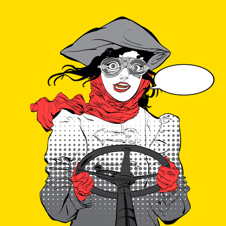 Young smiling driver.. Girl pilot. Woman pilot. Air sport. Smiling pilot. Concept idea of advertisement and promo.のイラスト素材