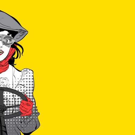 Young smiling driver.. Girl pilot. Woman pilot. Air sport. Smiling pilot. Concept idea of advertisement and promo.のイラスト素材