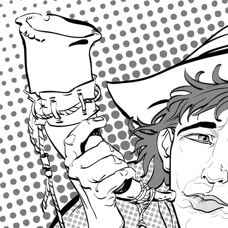 Robin Hood in a hat with feather and a horn. Young soldier. Noble robber. Defender of weak. Medieval legends. Heroes of medieval legends. Halftone background.のイラスト素材