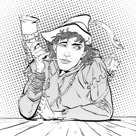 Robin Hood in a hat with feather and a horn. Young soldier. Noble robber. Defender of weak. Medieval legends. Heroes of medieval legends. Halftone background.のイラスト素材