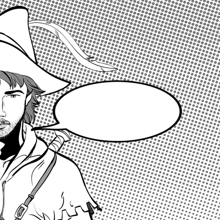 Robin Hood in a hat with feather. Young soldier. Noble robber. Defender of weak. Medieval legends. Heroes of medieval legends. Halftone background.のイラスト素材