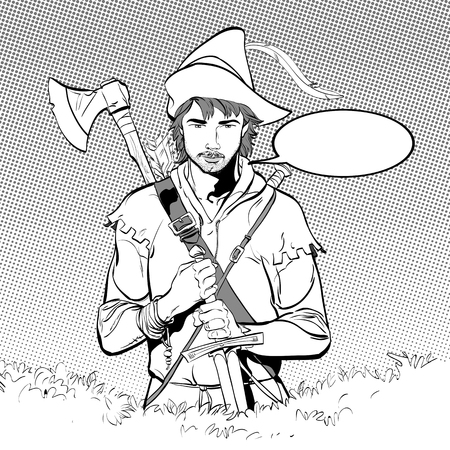 Robin Hood in a hat with feather. Young soldier. Noble robber. Defender of weak. Medieval legends. Heroes of medieval legends. Halftone background.のイラスト素材