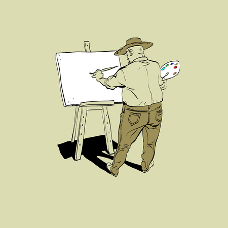 Artist paints a picture of landscape in the nature.のイラスト素材