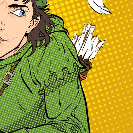 Robin Hood in a hat with feather and a horn. Young soldier. Noble robber. Defender of weak. Medieval legends. Heroes of medieval legends. Halftone background.のイラスト素材