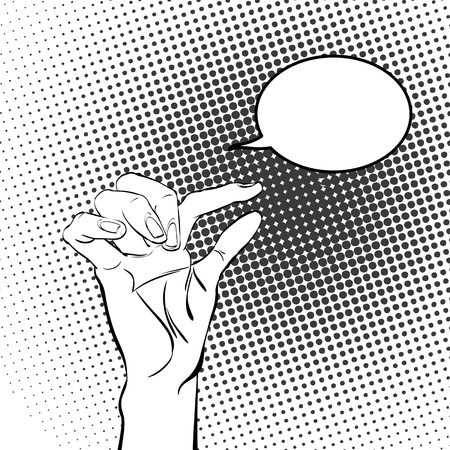 Women's hand showing a small size. Women's hand. Concept idea of advertisement and promo. Pop art retro style illustration. Halftone background. Wrist. Women's wrist.の写真素材