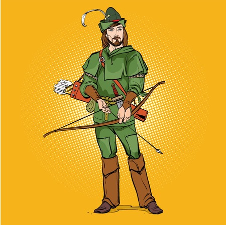 Robin Hood in a hat with feather. Defender of weak. Medieval legends. Heroes of medieval legends. Halftone background.のイラスト素材