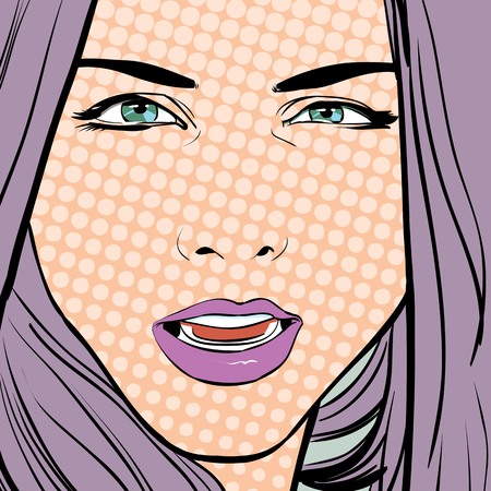 Demanding woman. Demanding girl. A young woman looking questioningly. Elegant lady. Concept idea of advertisement and promo. Pop art retro style illustration, halftone background.のイラスト素材