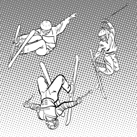 Winter sports. Aerial skiing, half-pipe, superpipe or slopestyle. Freestyle skier during a jump. Aerialist on ski isolated on background. Flat style clip art.のイラスト素材
