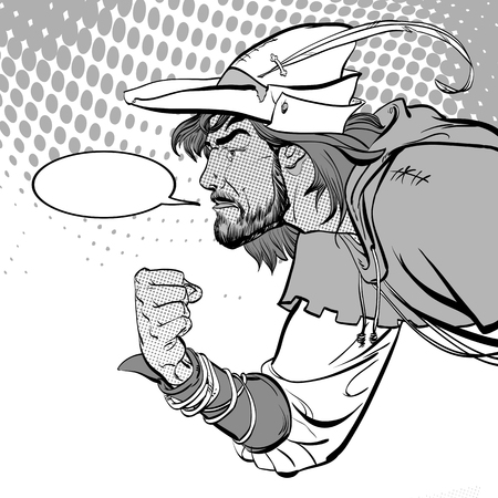 Robin Hood with a fist. Defender of weak. Medieval legends. Heroes of medieval legends. Halftone background.のイラスト素材