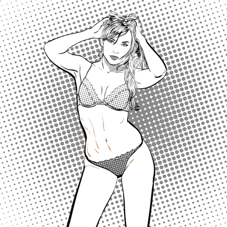 Sexy young standing girl in a swimming suit. Beautiful young womanのイラスト素材