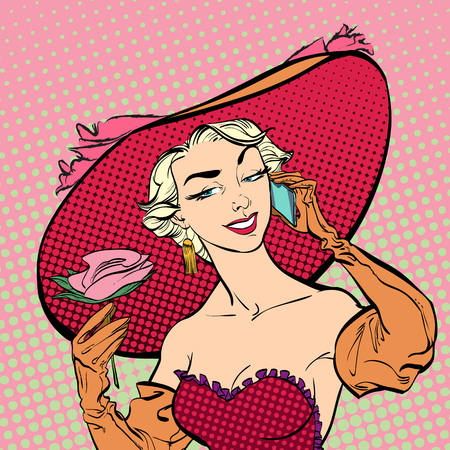 Mobile speaking women. Pretty retro posing model with big hat.のイラスト素材