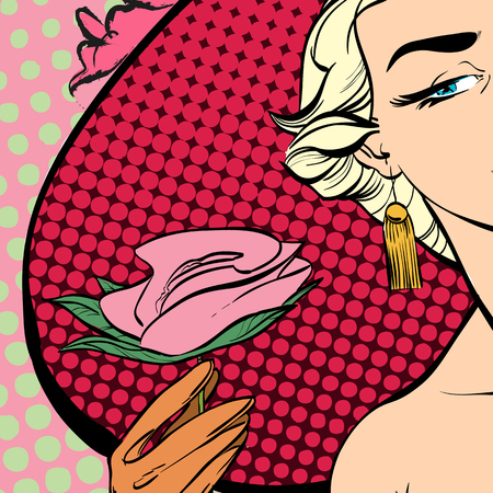 Pretty retro posing model with big hat. Women with roses.のイラスト素材