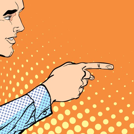 A male hand with forefinger. A man pointing a finger. A man explaining something. Businessman giving advice. Concept idea of advertisement and promo. Halftone background.のイラスト素材