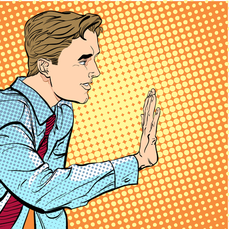 Sitting man stopping someone. Man stopping someone. Man rejecting something. Forbidding man. Handsome young businessman giving stop signal.のイラスト素材