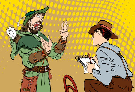 Journalist writes the text. Journalist interviewing Robin Hood. Robin hood telling fables. Retro journalist. Concept idea of advertisement. Halftone background.のイラスト素材