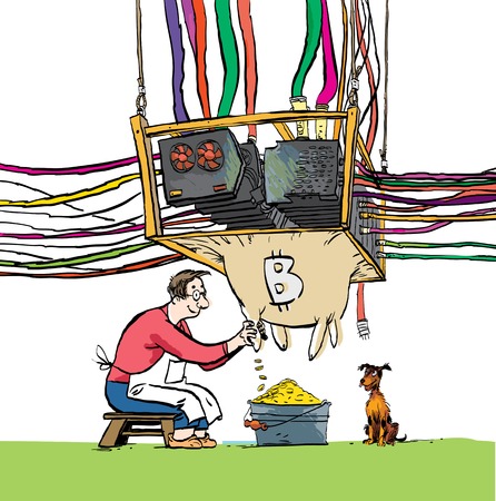 Cryptocurrency concept with businessman miner. Man milking bitcoin machineのイラスト素材