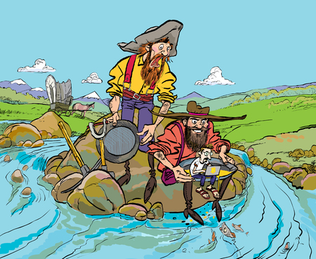 Pirates and treasure. Treasure island. Pirates and miner. Man with shovel and pickaxe working in bitcoin mine.のイラスト素材