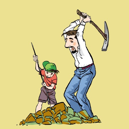 Miners, prospectors or gold diggers with pick axe. Father and son mining. Family business. Vector illustration of a Miners.のイラスト素材