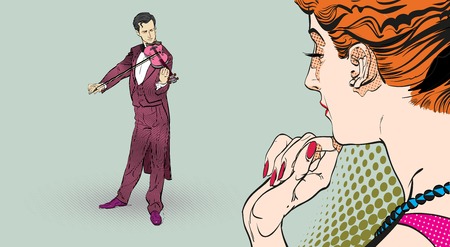 Girl dreaming of the romantic man. Girl thinking about a man. Woman and classical musician. Pop art retro style illustration. People in retro style. Halftone background.のイラスト素材