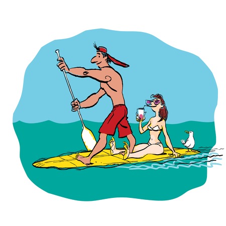 Couple doing Stand Up Paddling on Paddle Board on Water at Seaside. Stand Up Paddle Workoutのイラスト素材