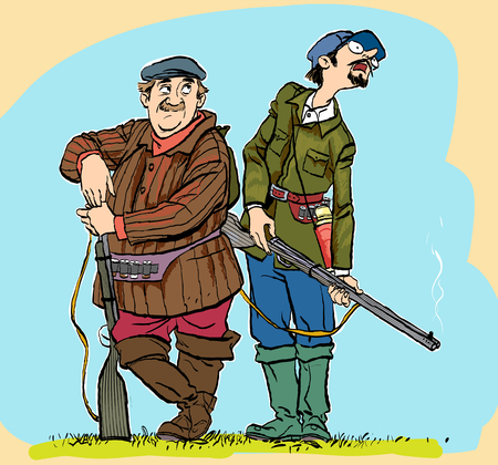 Caricature. Hunters losers. Cartoon illustration of a huntersのイラスト素材