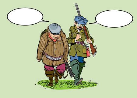 Caricature. Hunters losers. Cartoon illustration of a hunters with a sad expression.のイラスト素材