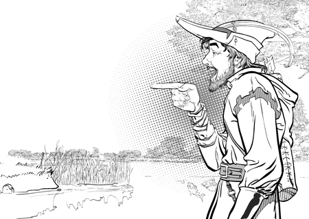 Robin Hood in a hat with feather. Young soldier. Noble robber. Defender of weak. Medieval legends. Heroes of medieval legends. Halftone background.のイラスト素材