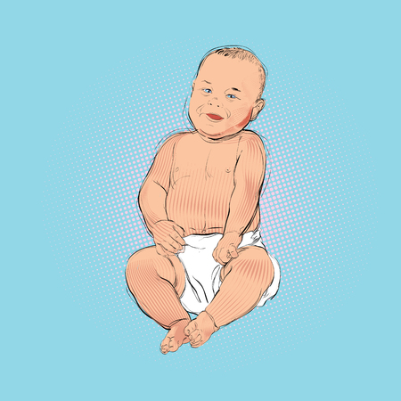 Sweet little boy sitting and smiling, isolated on blue background. Vector illustration.のイラスト素材