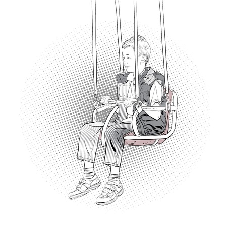 Boy has fun on the rides. Amusement park. Playground. Swinging on swing. Vector illustration.のイラスト素材
