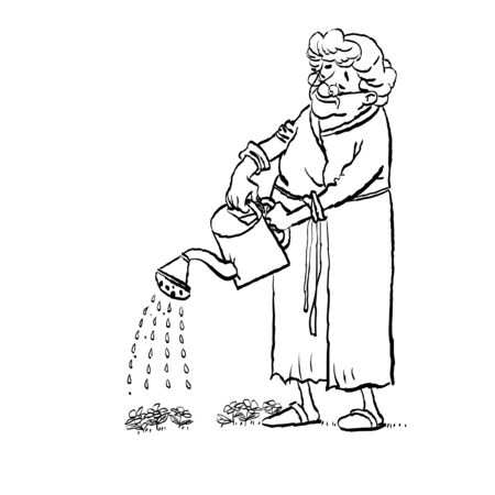Grandmother watering flowers on a flowerbed in a garden. Active Longevityのイラスト素材