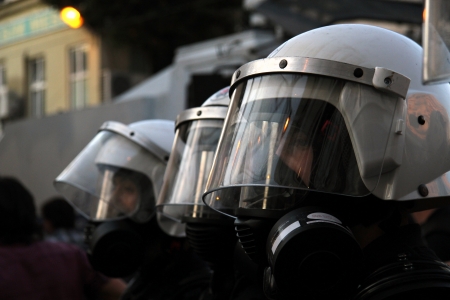 Protests in Istanbul for ahmet atakan who died in hatay   Police barricade Taksim 10 September 2013のeditorial素材