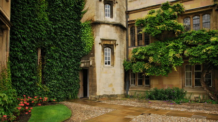 Detail of the entrance into the university campus building. Cambridge, England.