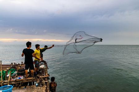 Chonburi, Thailand - June 10, 2018 : Fishermen are using fishing nets.