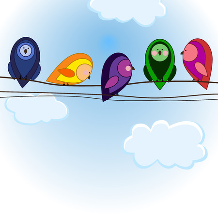 Five cartoon colorful birds on the sky. Vector illustrationのイラスト素材