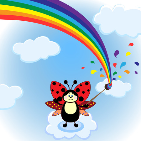 Little cartoon beetle and rainbow on the sky. Vector illustrationのイラスト素材