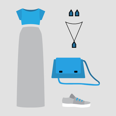 Set of trendy women's clothes with grey skirt, blue top and accessories. Vector illustrationのイラスト素材