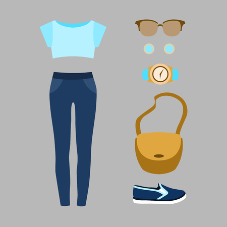 Set of trendy women's clothes with jeans, blue top and accessories. Vector illustrationのイラスト素材