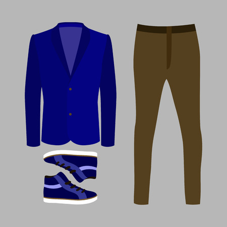 Set of trendy men's clothes with brown pants, blue jacket and sneakers. Vector illustrationのイラスト素材